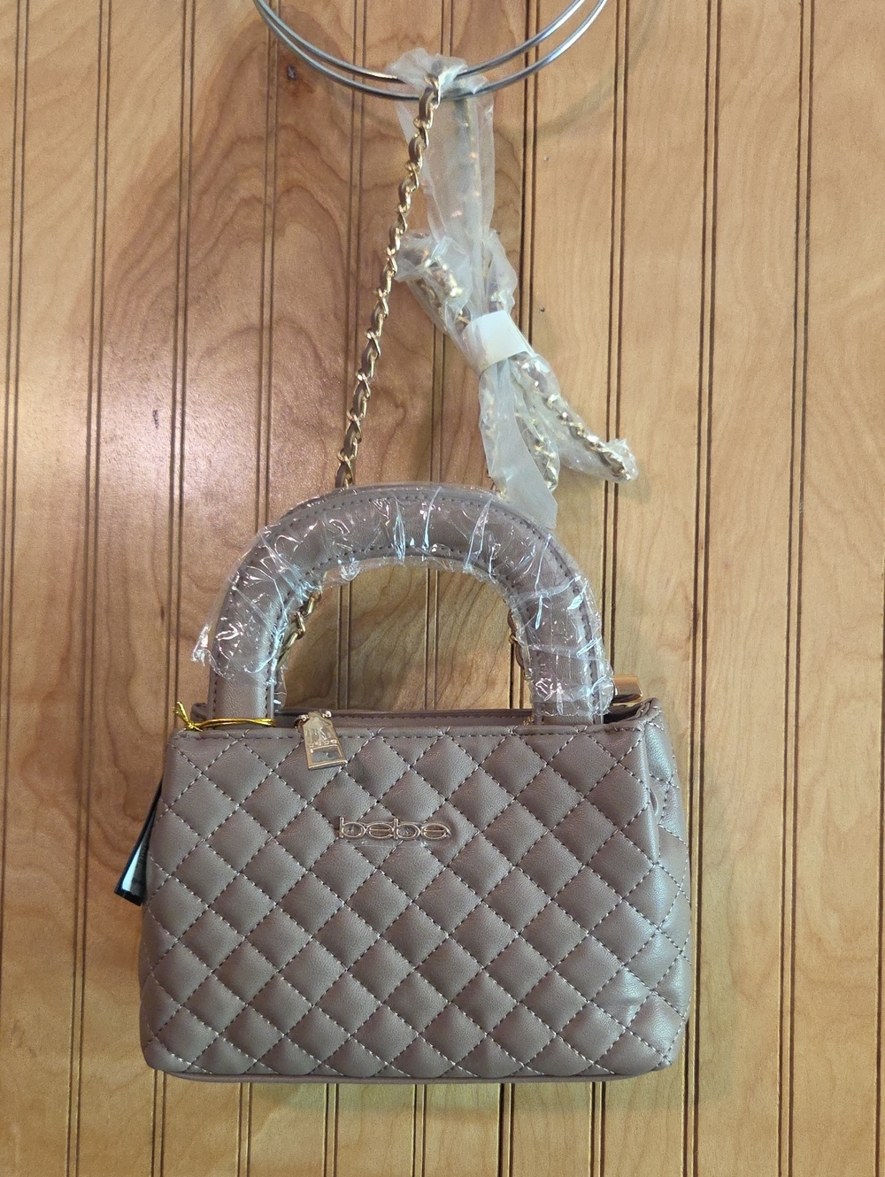 bebe Quilted Taupe Satchel with Gold Chain
